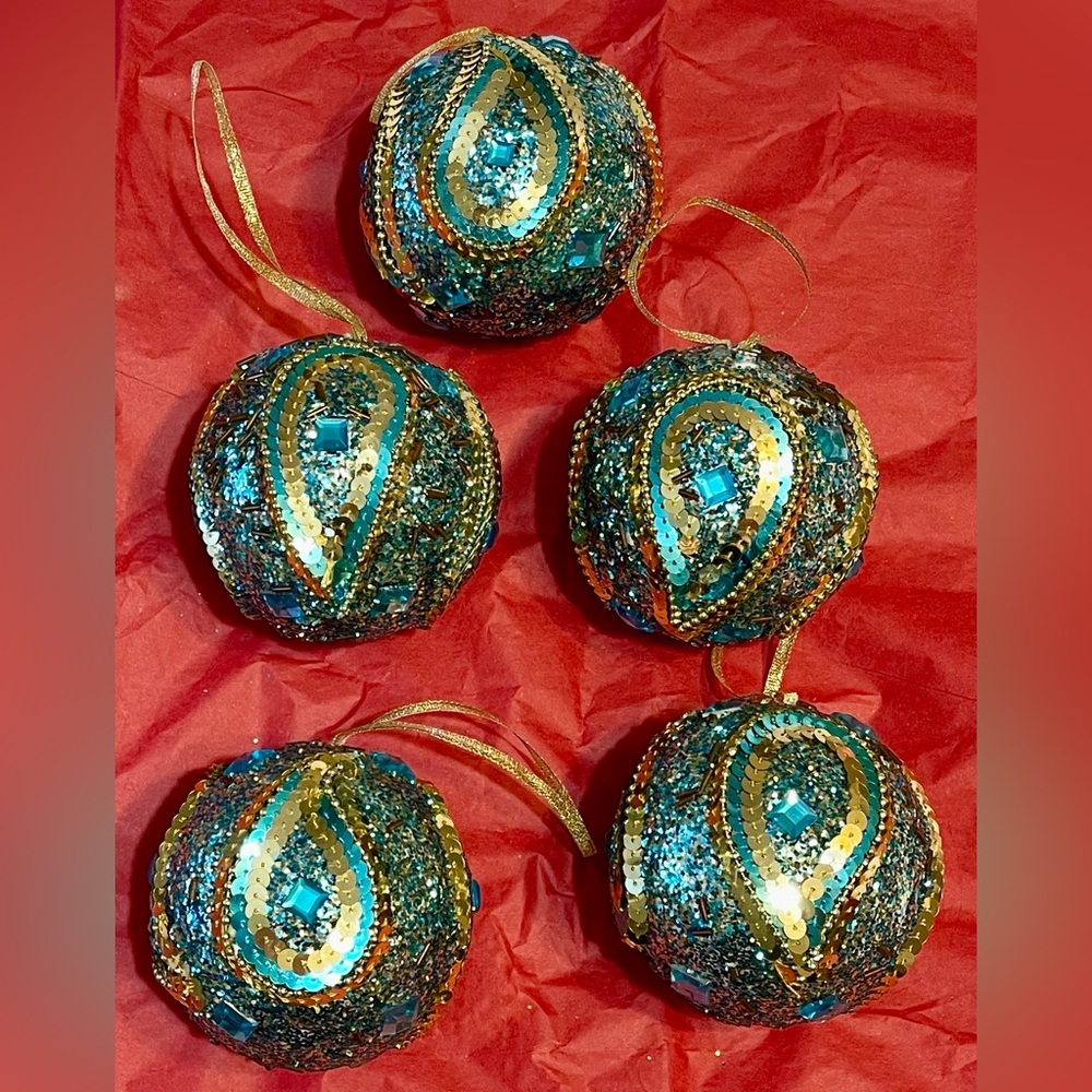 Pier 1 Vintage Elegant Sequin/Jewels/Glitter Holiday Ornaments Teal/Gold (5)